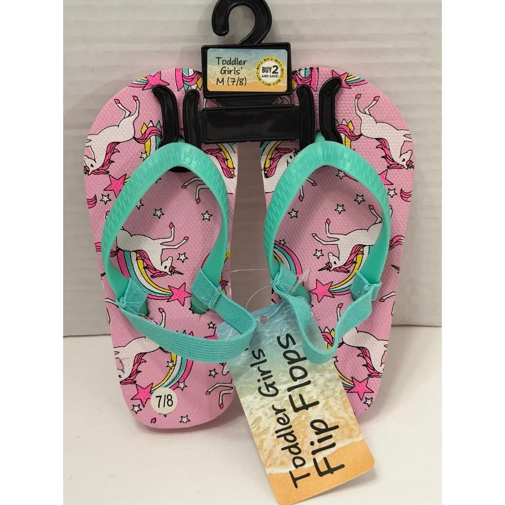 Toddler Girls Pink Unicorn‎ Rainbow Flip Flops with Back Strap Size 7/8 M NWT